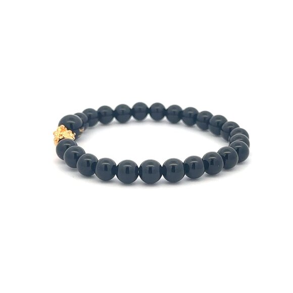 18K Gold Pixiu Piyao Bracelet Natural Gemstones Onyx 6mm Elastic Bracelet Letter - Picture 3 of 6